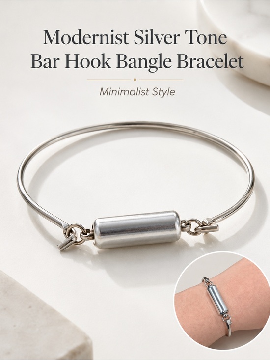 Jewelry - Modernist Silver Tone Cylinder Bar Hook Bangle Bracelet | Minimalist Industrial